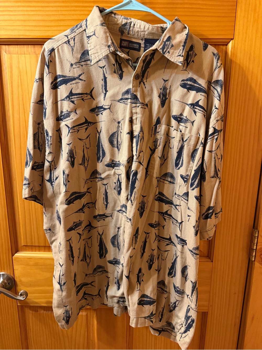 Faded Glory Beige Button-Up Shirt with Navy Fish Print